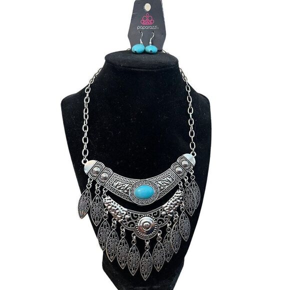 Paparazzi Blue Turquoise Silver Tone Necklace Layered Choker Collar Earrings New - Picture 1 of 4